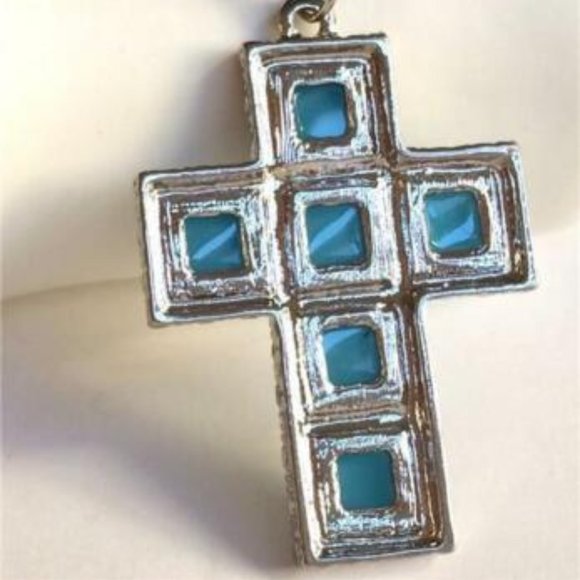 Aqua Turquoise Cross Necklace Southwestern Country Western Silver Tone Simulated - Picture 4 of 8